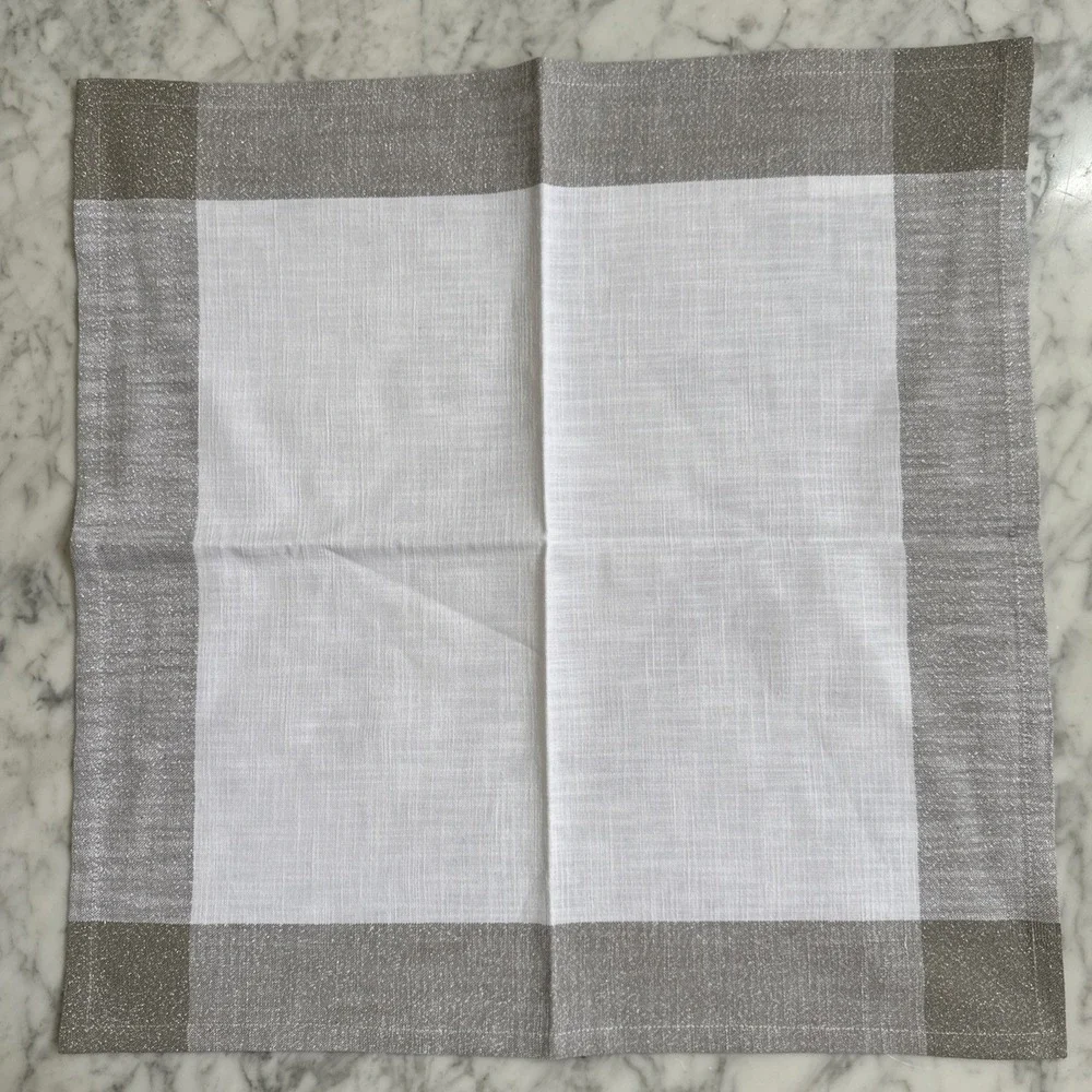 Pottery Barn Shimmer Border Cloth Napkin Set White & Silver Set of 4 (20